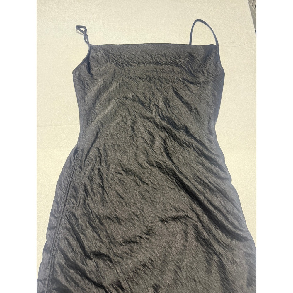 By Together Black Crinkle Mini Dress Women Large NWT Ruched Side Tie Sleeveless